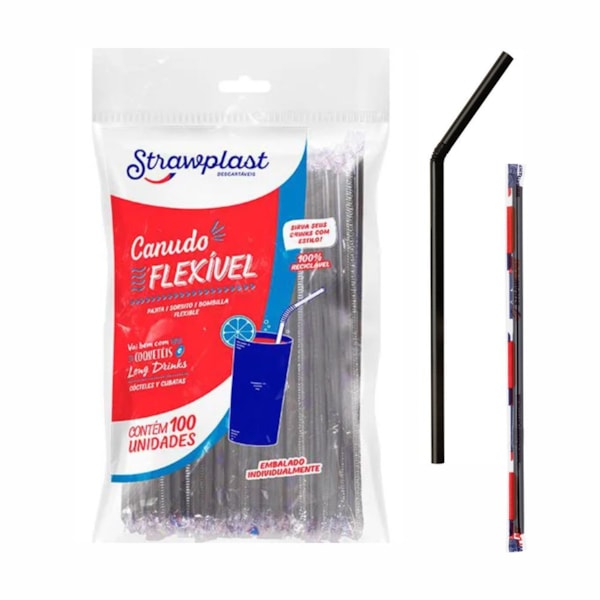 image Canudo Flexivel 20Cm X 6Mm Preto Strawplast 100Un