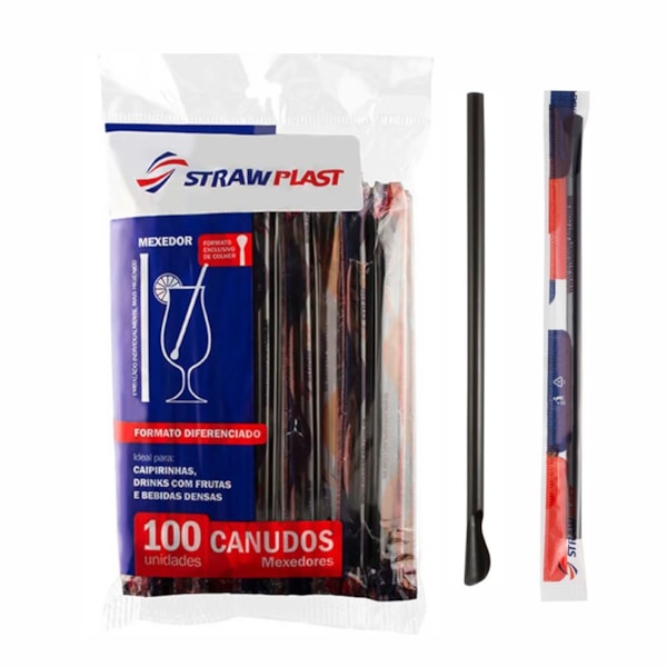 image Canudo Mexedor Preto 17,5Cm X 6Mm Strawplast 100Un