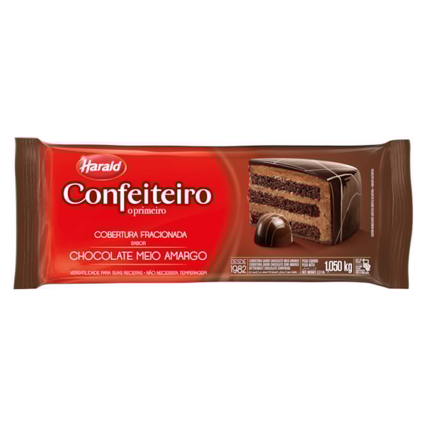 image Cobertura Fracionada Chocolate Meio Amargo Barra 1,01Kg Confeiteiro Harald