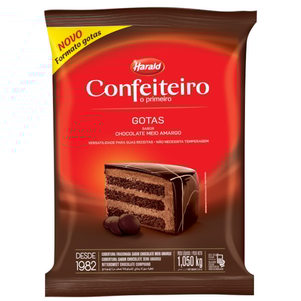 image Cobertura Fracionada Chocolate Meio Amargo Gotas 1,01Kg Confeiteiro Harald