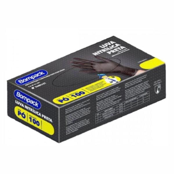 image Luva Nitrílica Sem Pó Preta Extra Grande Bompack 100Un