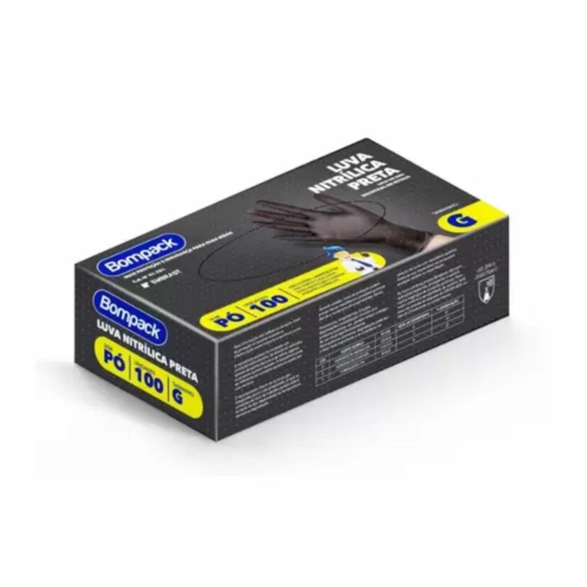 image Luva Nitrílica Sem Pó Preta Grande Bompack 100Un
