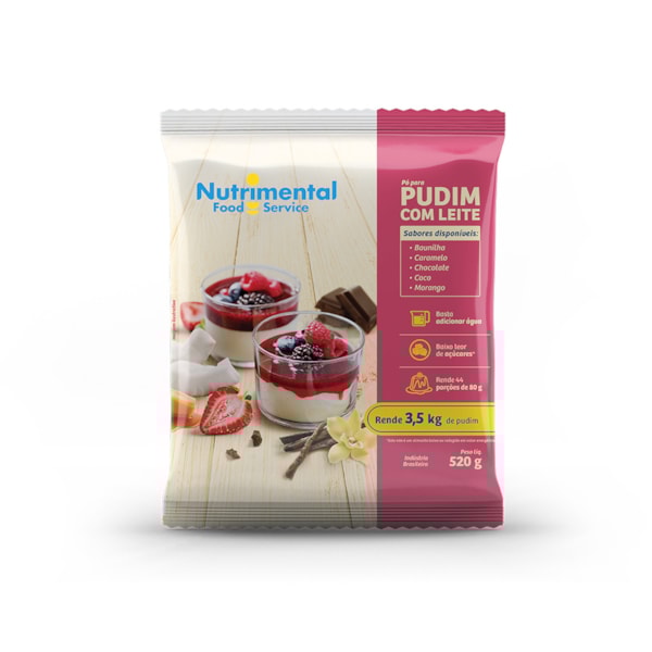 image Pudim Com Leite Morango Nutrimental 520G Rende 44 Porções De 80Ml