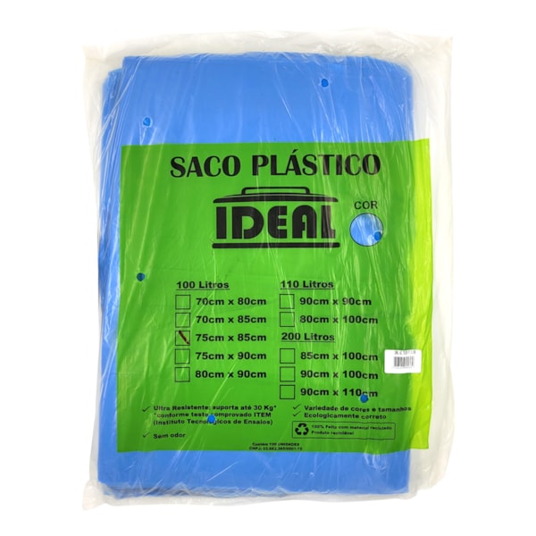 image Saco Lixo Azul 105Lt 75 X 85Cm Ideal 100Un Suporta 20Kg