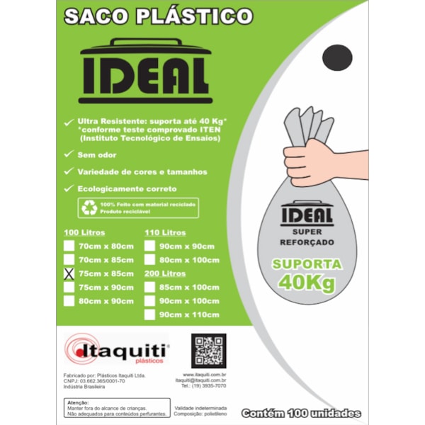 image Saco Lixo Preto 105Lt 75 X 85Cm Ideal 100Un Suporta 30Kg