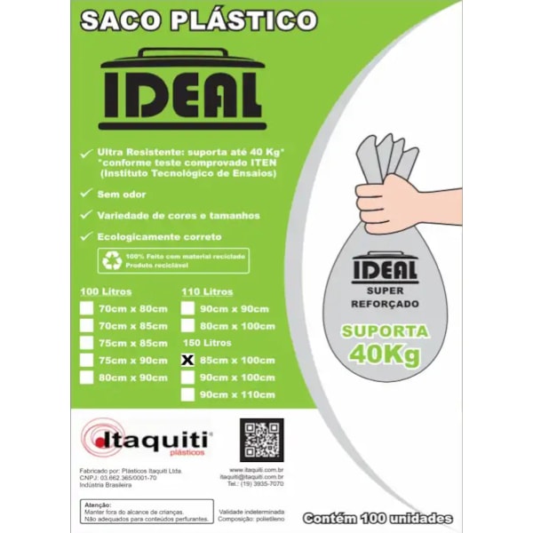 image Saco Lixo Preto 150Lt 85 X 100Cm Ideal 100Un Suporta 30Kg