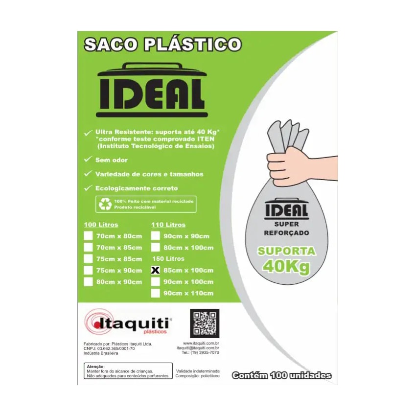 image Saco Lixo Preto 150Lt 85 X 100Cm Ideal 100Un Suporta 30Kg