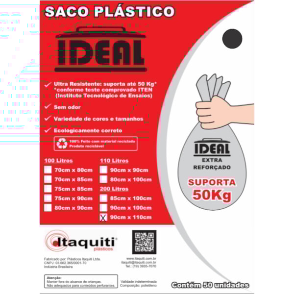 image Saco Lixo Preto 200Lt 90 X 110Cm Ideal 50Un Suporta 40Kg