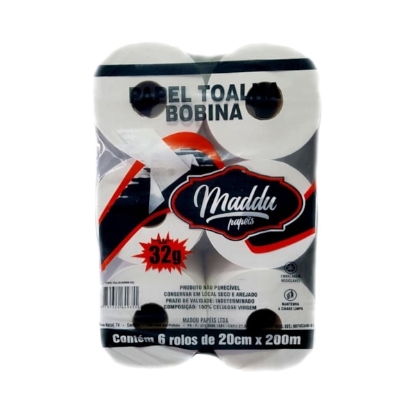 image Toalha Papel Bobina Maddu 6 Rolos X 200Mt X 20Cm 100% 30Gr